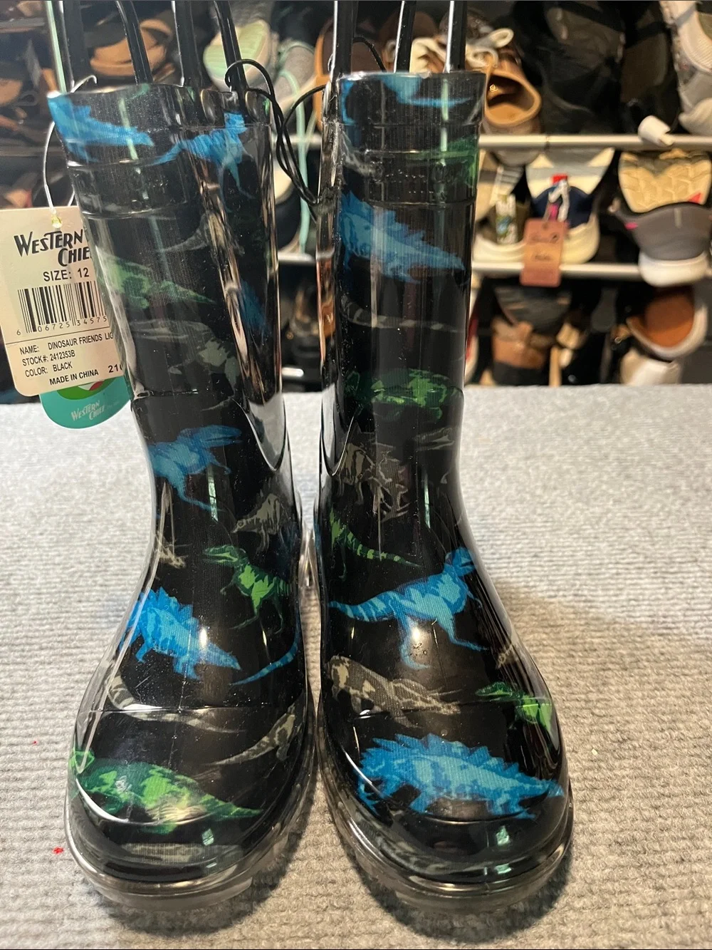 Kids Black Dino Rain Boots with Blue & Green Accents. No Longer LIGHT UP